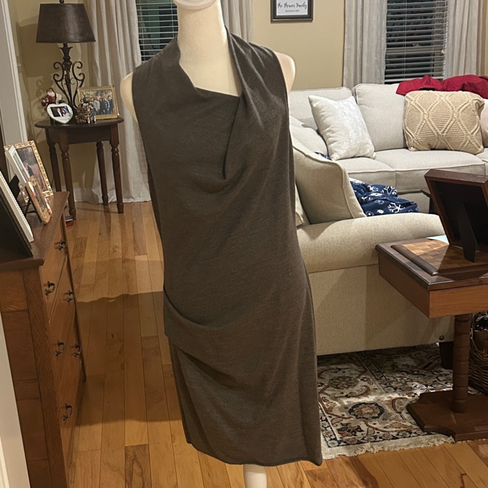 Helmut Lang Sonar Wool Draped Asymmetrical Sleeveless Dress Gray Medium